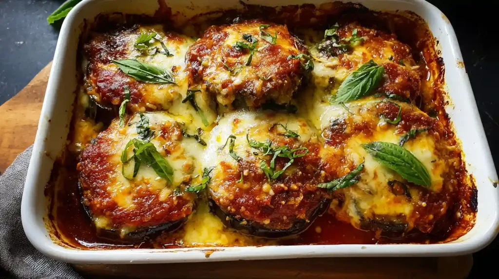 Classic eggplant parmesan with crispy panko-breaded eggplant slices, rich marinara sauce, melted fresh mozzarella, and freshly grated Parmesan cheese baked at 400°F until golden and bubbling in 9x13 casserole dish