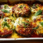 Classic eggplant parmesan with crispy panko-breaded eggplant slices, rich marinara sauce, melted fresh mozzarella, and freshly grated Parmesan cheese baked at 400°F until golden and bubbling in 9x13 casserole dish