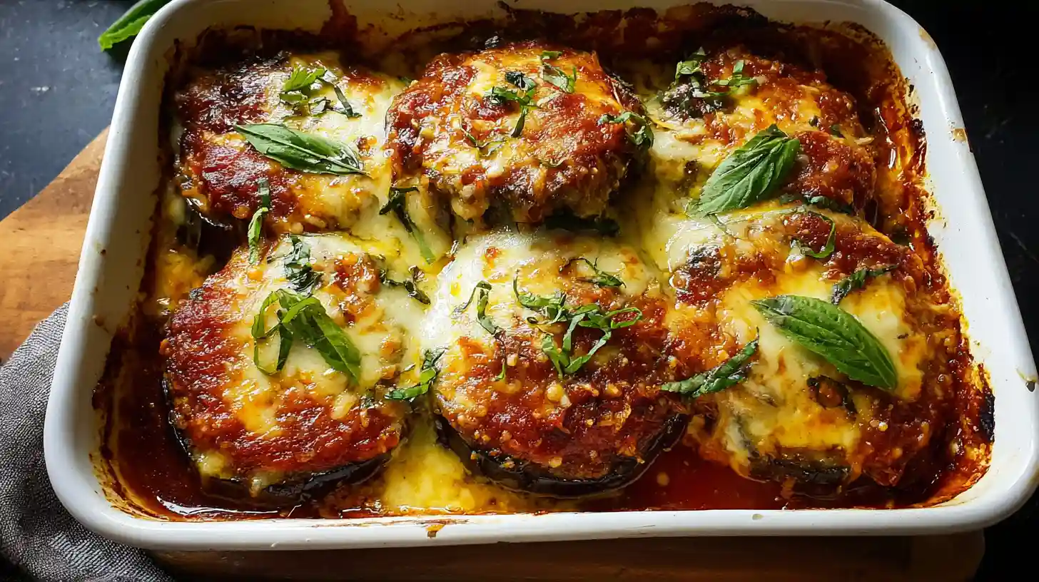 Classic eggplant parmesan with crispy panko-breaded eggplant slices, rich marinara sauce, melted fresh mozzarella, and freshly grated Parmesan cheese baked at 400°F until golden and bubbling in 9x13 casserole dish