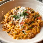 Ground beef orzo with tomato cream sauce in white bowl topped with freshly grated Parmesan, fresh basil, and red pepper flakes made in one pan in 30 minutes with one pound lean ground beef, orzo pasta, crushed tomatoes, and heavy cream