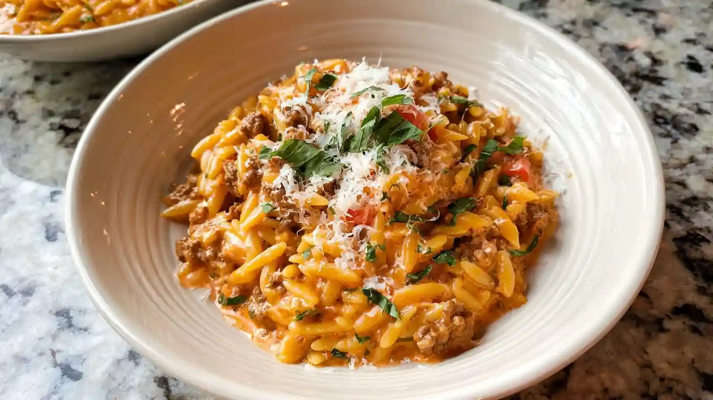 Ground beef orzo with tomato cream sauce in white bowl topped with freshly grated Parmesan, fresh basil, and red pepper flakes made in one pan in 30 minutes with one pound lean ground beef, orzo pasta, crushed tomatoes, and heavy cream