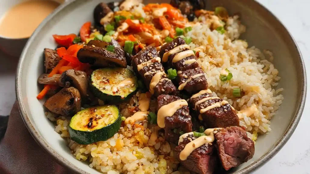 Hibachi steak bowls with seared sirloin bites, hibachi fried rice, zucchini, carrots, mushrooms, white onion, sesame seeds, and creamy homemade yum yum sauce in white bowl ready in 30 minutes