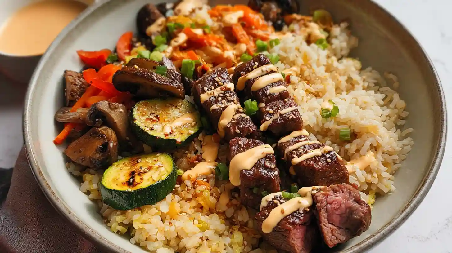 Hibachi steak bowls with seared sirloin bites, hibachi fried rice, zucchini, carrots, mushrooms, white onion, sesame seeds, and creamy homemade yum yum sauce in white bowl ready in 30 minutes