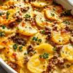 Easy hearty one-pan hobo casserole with one pound ground beef, thinly sliced russet potatoes, shredded cheddar cheese, cream of mushroom soup, evaporated milk, and Worcestershire sauce baked at 350°F in 9x13 dish