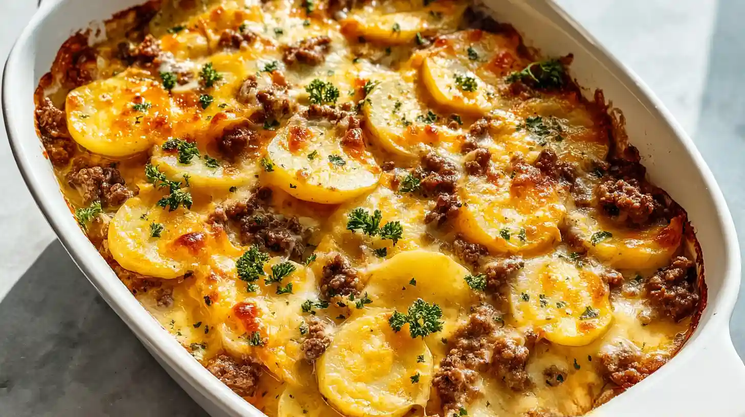 Easy hearty one-pan hobo casserole with one pound ground beef, thinly sliced russet potatoes, shredded cheddar cheese, cream of mushroom soup, evaporated milk, and Worcestershire sauce baked at 350°F in 9x13 dish