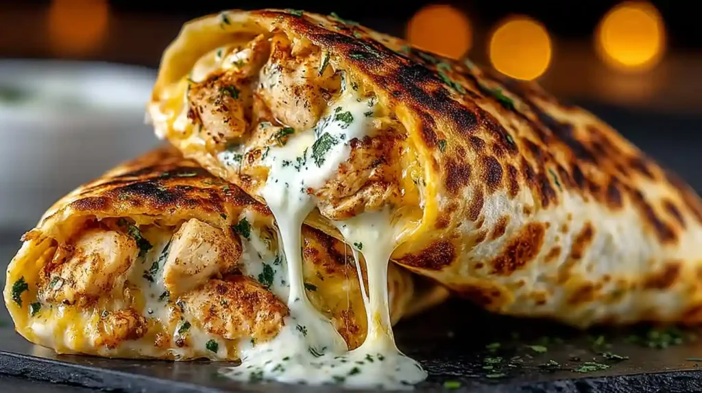 Low carb cheesy garlic chicken wraps with golden pan-fried crispy tortillas filled with shredded garlic chicken, melted mozzarella and cheddar cheese, fresh spinach, and creamy sour cream Dijon mustard sauce ready in 22 minutes