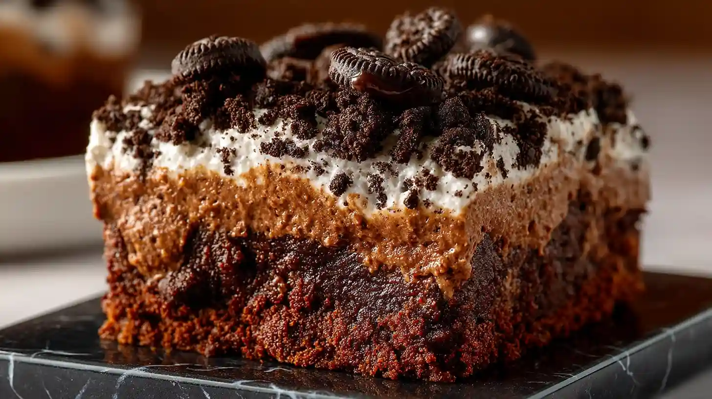 Oreo dirt cake in 9x13 white dish with crushed Oreo crumb layers, creamy vanilla pudding cream cheese Cool Whip filling, Oreo crumb topping, and colorful gummy worms on gray surface ready in 15 minutes