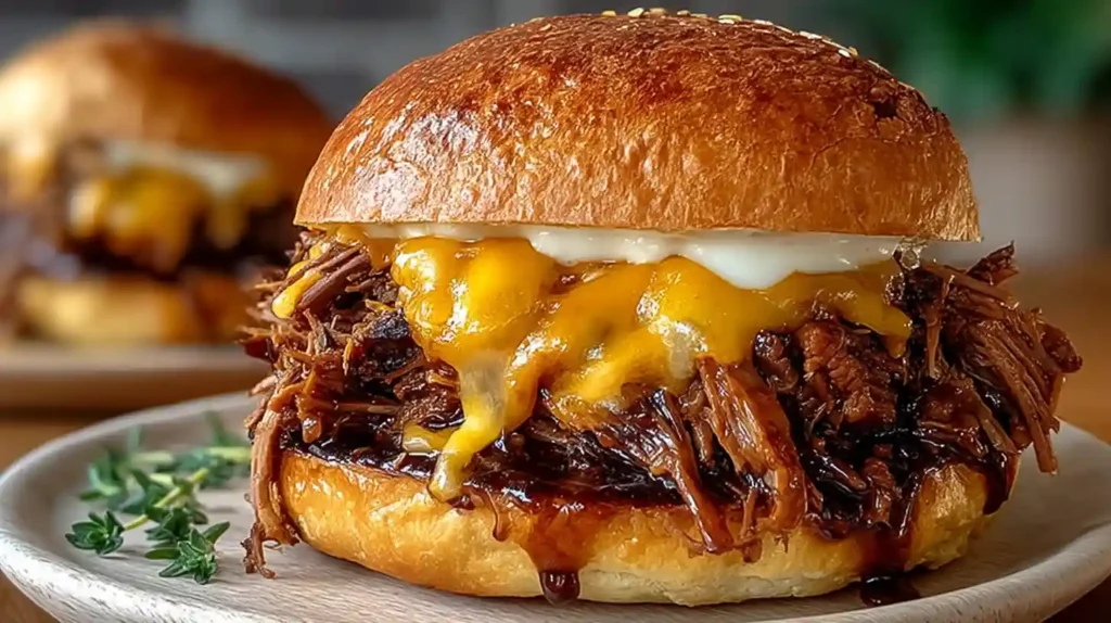 Juicy fall-apart tender pulled beef sandwich with slow cooker shredded chuck roast, homemade smoky BBQ sauce, melted provolone cheese, dill pickles, and crispy onions on toasted ciabatta roll