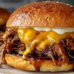 Juicy fall-apart tender pulled beef sandwich with slow cooker shredded chuck roast, homemade smoky BBQ sauce, melted provolone cheese, dill pickles, and crispy onions on toasted ciabatta roll