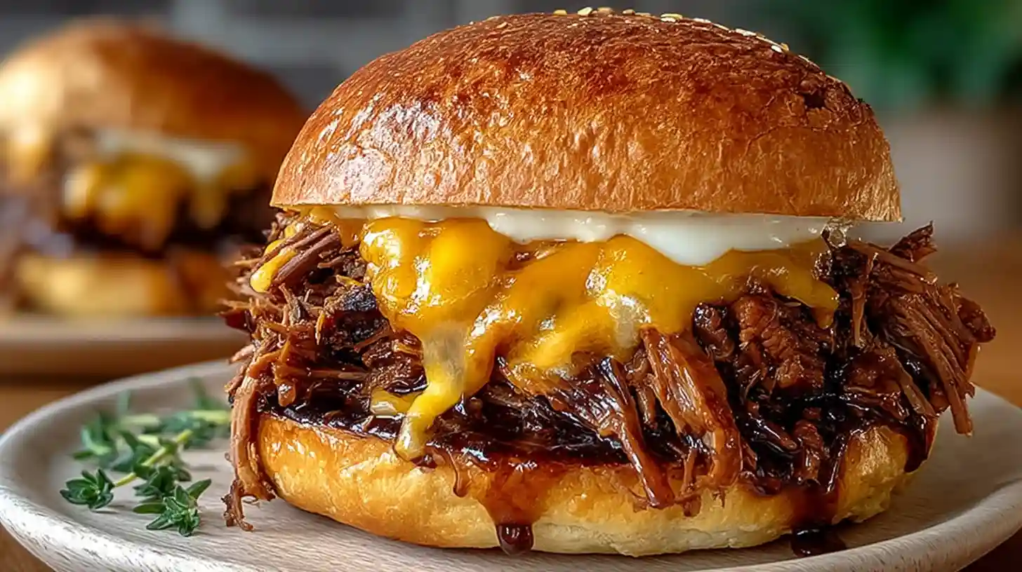 Juicy fall-apart tender pulled beef sandwich with slow cooker shredded chuck roast, homemade smoky BBQ sauce, melted provolone cheese, dill pickles, and crispy onions on toasted ciabatta roll
