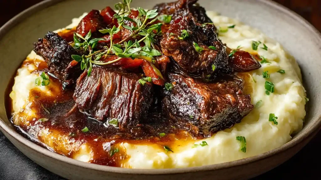 Red wine braised beef chuck roast slow cooked in two cups full-bodied red wine, beef broth, tomato paste, garlic, carrots, fresh rosemary and thyme in Dutch oven served over creamy mashed potatoes