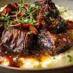 Red wine braised beef chuck roast slow cooked in two cups full-bodied red wine, beef broth, tomato paste, garlic, carrots, fresh rosemary and thyme in Dutch oven served over creamy mashed potatoes