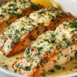 Baked Boursin salmon easy 20-minute dinner 4 salmon fillets 6 ounces each patted dry placed baking dish drizzled 1 tablespoon olive oil 1 tablespoon minced garlic 2 tablespoons old style Dijon mustard 2 tablespoons lemon juice salt pepper rubbed, baked 425°F 10-12 minutes cooked through, Boursin sauce saucepan butter melted 1 cup chicken stock whisked 5.2-ounce Boursin Garlic Fine Herbs package simmered few minutes thickened lemon juice stirred, poured over cooked salmon pan juices combined fresh parsley garnish lemon slices served