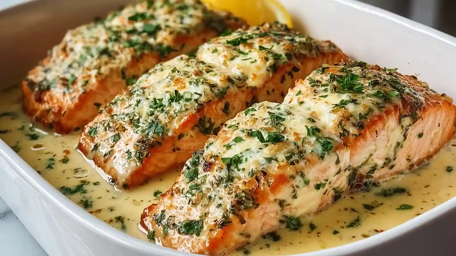 Baked Boursin salmon easy 20-minute dinner 4 salmon fillets 6 ounces each patted dry placed baking dish drizzled 1 tablespoon olive oil 1 tablespoon minced garlic 2 tablespoons old style Dijon mustard 2 tablespoons lemon juice salt pepper rubbed, baked 425°F 10-12 minutes cooked through, Boursin sauce saucepan butter melted 1 cup chicken stock whisked 5.2-ounce Boursin Garlic Fine Herbs package simmered few minutes thickened lemon juice stirred, poured over cooked salmon pan juices combined fresh parsley garnish lemon slices served