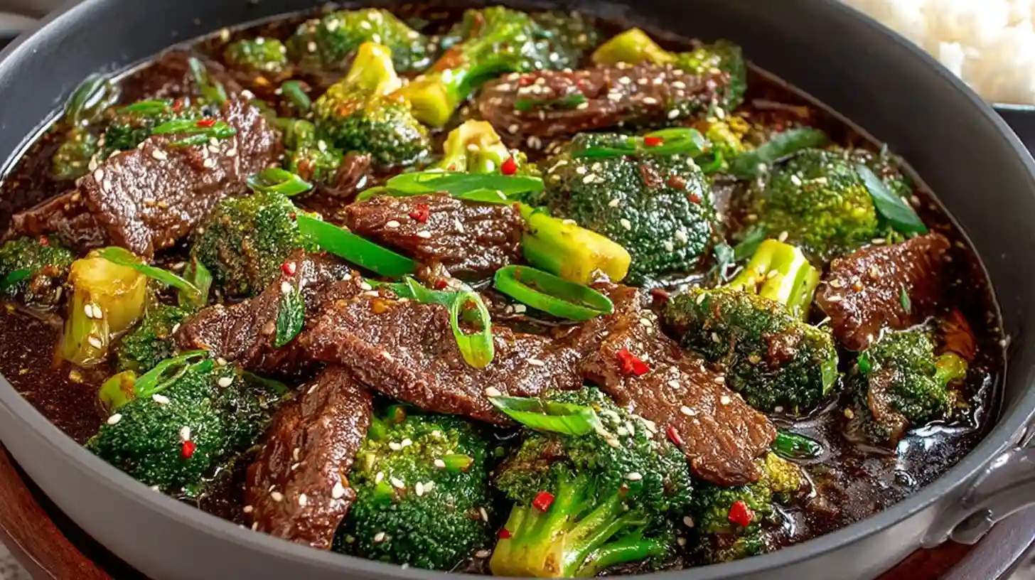Better-than-takeout beef with broccoli in black wok with glossy dark soy oyster sauce glaze, one pound cornstarch-velveted flank steak strips, bright crisp-tender broccoli florets, minced garlic, and ginger ready in 20 minutes
