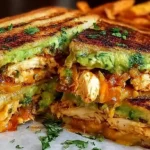 Chicken avocado melt sandwich on golden buttered sourdough with juicy pan-seared chicken breast sliced thin, creamy ripe avocado, two slices melted Swiss cheddar or provolone, sliced tomato, red onion, mayo Dijon mustard spread, grilled 3-4 minutes per side until golden and gooey