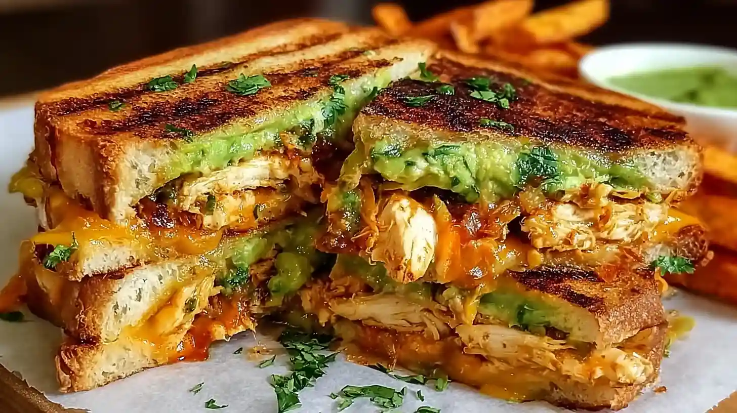 Chicken avocado melt sandwich on golden buttered sourdough with juicy pan-seared chicken breast sliced thin, creamy ripe avocado, two slices melted Swiss cheddar or provolone, sliced tomato, red onion, mayo Dijon mustard spread, grilled 3-4 minutes per side until golden and gooey