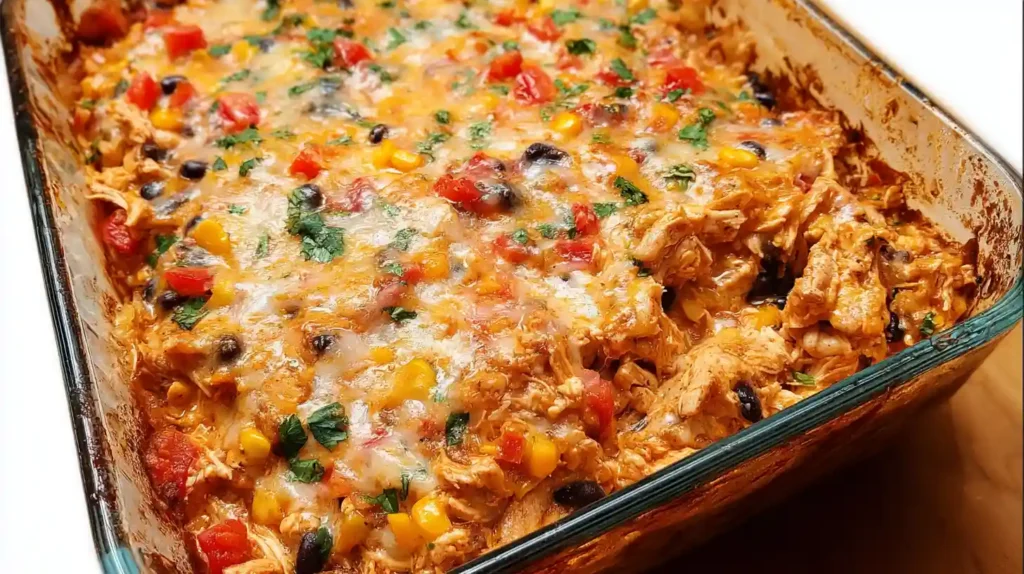 Easy chicken burrito casserole in 9x13 white baking dish with five cups shredded rotisserie chicken, one cup uncooked brown rice, black beans, corn, diced onion, red bell pepper, three cups chicken broth, tomato paste, green chiles, and one and a quarter cups melted Monterey Jack cheese baked at 400°F