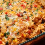 Easy chicken burrito casserole in 9x13 white baking dish with five cups shredded rotisserie chicken, one cup uncooked brown rice, black beans, corn, diced onion, red bell pepper, three cups chicken broth, tomato paste, green chiles, and one and a quarter cups melted Monterey Jack cheese baked at 400°F