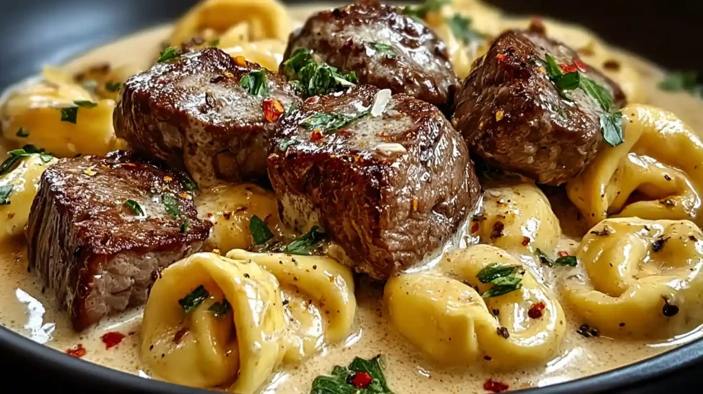 Cracked garlic steak tortellini in creamhouse sauce bliss with 20 ounces fresh cheese tortellini, one pound sirloin or ribeye steak cubed and seasoned with garlic powder and smoked paprika, seared in two tablespoons olive oil, tossed in a velvety sauce of four tablespoons butter, five minced garlic cloves, one cup heavy cream, three-quarter cup whole milk, and one and a quarter cups freshly grated Parmesan - ready in 30 minutes