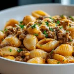 Creamy beef and shells one-skillet pasta with 8 ounces medium shells boiled al dente drained, 1 pound ground beef browned crumbled with half diced sweet onion 2 minced garlic cloves and 1½ teaspoons Italian seasoning over medium-high heat drained, 2 tablespoons flour whisked 1 minute, 2 cups beef stock and 15-ounce can tomato sauce gradually whisked smooth simmered 6-8 minutes thickened, half cup heavy cream and 1½ cups shredded sharp white cheddar stirred melted silky served garnished fresh parsley