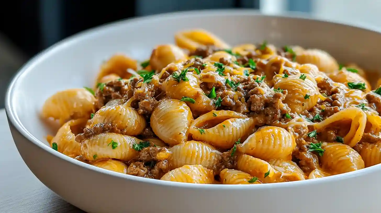 Creamy beef and shells one-skillet pasta with 8 ounces medium shells boiled al dente drained, 1 pound ground beef browned crumbled with half diced sweet onion 2 minced garlic cloves and 1½ teaspoons Italian seasoning over medium-high heat drained, 2 tablespoons flour whisked 1 minute, 2 cups beef stock and 15-ounce can tomato sauce gradually whisked smooth simmered 6-8 minutes thickened, half cup heavy cream and 1½ cups shredded sharp white cheddar stirred melted silky served garnished fresh parsley