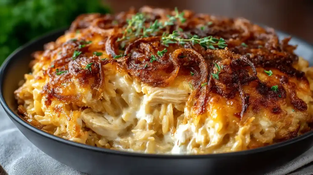French onion chicken orzo casserole in oven-safe cast iron skillet with deeply caramelized golden onions, shredded rotisserie chicken, one and a half cups toasted orzo, beef broth, heavy cream, and melted Gruyère cheese baked at 375°F until golden and bubbling