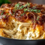 French onion chicken orzo casserole in oven-safe cast iron skillet with deeply caramelized golden onions, shredded rotisserie chicken, one and a half cups toasted orzo, beef broth, heavy cream, and melted Gruyère cheese baked at 375°F until golden and bubbling