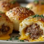 Garlic Parmesan cheeseburger bombs ready in 30 minutes with one pound ground beef browned with two minced garlic cloves until fully cooked and drained, mixed off-heat with one cup cheddar cheese cubed for molten cheese pulls and half cup freshly grated Parmesan until evenly combined, scooped into eight flattened circles from one 16.3-ounce can flaky biscuit dough, sealed seam-side down, brushed with garlic Parmesan butter, and baked at 375°F for 12-15 minutes until deeply golden and crispy
