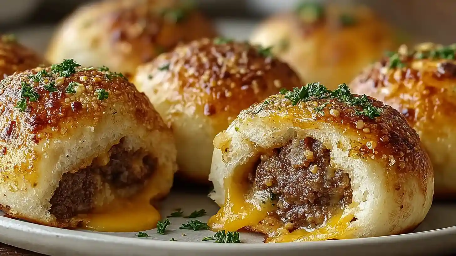 Garlic Parmesan cheeseburger bombs ready in 30 minutes with one pound ground beef browned with two minced garlic cloves until fully cooked and drained, mixed off-heat with one cup cheddar cheese cubed for molten cheese pulls and half cup freshly grated Parmesan until evenly combined, scooped into eight flattened circles from one 16.3-ounce can flaky biscuit dough, sealed seam-side down, brushed with garlic Parmesan butter, and baked at 375°F for 12-15 minutes until deeply golden and crispy
