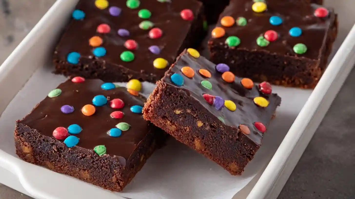 Gourmet cosmic brownies in 9x13-inch pan with ultra-fudgy brownie base of one cup melted butter two cups granulated sugar half cup brown sugar three eggs one egg yolk one teaspoon vanilla one cup cocoa powder one cup flour half teaspoon salt baked 27-33 minutes at 350°F until toothpick clean few moist crumbs - topped with silky ganache of one and a half cups chocolate chips half cup heavy cream and half cup mini rainbow chips pressed into set frosting