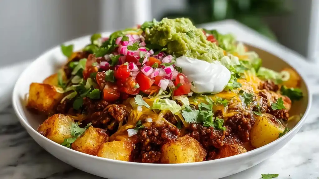 Loaded potato taco bowl with one and a half pounds Yukon gold potatoes diced into half-inch cubes, tossed in one tablespoon olive oil, one and a half teaspoons smoked paprika, one teaspoon garlic powder, one teaspoon oregano, and salt, roasted at 400°F for 30 minutes flipping halfway, topped with one pound seasoned ground beef cooked with taco spices and two tablespoons tomato paste, shredded cheddar, sour cream, pico de gallo, guacamole, and fresh cilantro