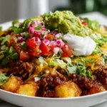 Loaded potato taco bowl with one and a half pounds Yukon gold potatoes diced into half-inch cubes, tossed in one tablespoon olive oil, one and a half teaspoons smoked paprika, one teaspoon garlic powder, one teaspoon oregano, and salt, roasted at 400°F for 30 minutes flipping halfway, topped with one pound seasoned ground beef cooked with taco spices and two tablespoons tomato paste, shredded cheddar, sour cream, pico de gallo, guacamole, and fresh cilantro