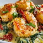 Low-carb shrimp Tuscan bake in large oven-safe skillet with one pound deveined shrimp, three to four minced garlic cloves, two tablespoons butter, one cup halved cherry tomatoes, three to four cups baby spinach, three-quarter cup heavy cream, quarter cup freshly grated Parmesan, and sun-dried tomatoes baked until bubbling and golden