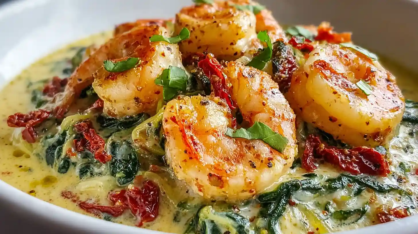 Low-carb shrimp Tuscan bake in large oven-safe skillet with one pound deveined shrimp, three to four minced garlic cloves, two tablespoons butter, one cup halved cherry tomatoes, three to four cups baby spinach, three-quarter cup heavy cream, quarter cup freshly grated Parmesan, and sun-dried tomatoes baked until bubbling and golden