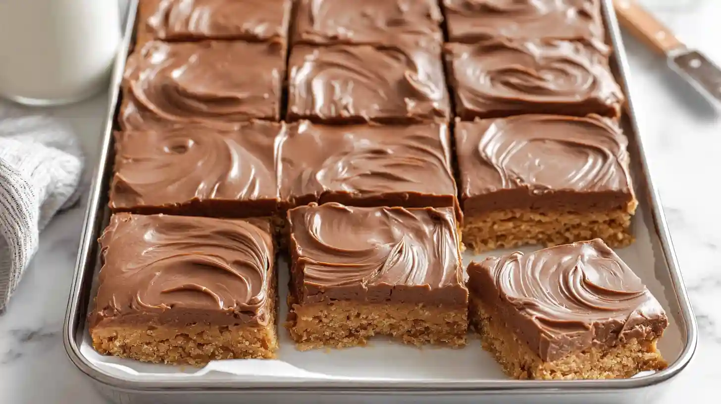 Lunch lady peanut butter bars no-bake retro school cafeteria dessert ready in 15 minutes with 1 cup salted butter cubed 1 cup creamy Jif or Skippy peanut butter microwaved 50% power 30-second increments stirred smooth, 1 teaspoon vanilla added, 2 cups graham cracker crumbs 1.75 cups powdered sugar folded thick dough pressed parchment-lined 9x9 pan refrigerated, 1.5 cups milk or semisweet chocolate chips 2 teaspoons coconut oil microwaved 30-second intervals stirred smooth poured top offset spatula spread even layer, refrigerated 2 hours set sliced 16 squares served
