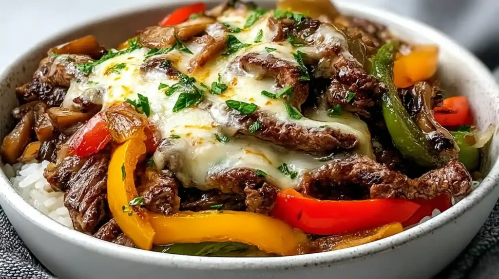 Philly cheesesteak bowls ready in 30 minutes with 1.5 pounds flank sirloin steak thinly sliced strips 2 chopped bell peppers half diced yellow onion 3 minced garlic cloves 1.5 tablespoons Worcestershire sauce seasoning salt pepper paprika chili powder onion powder garlic powder thyme marjoram basil skillet medium-high cooked steak veggies tender, 4-6 provolone slices topped lid covered off heat 2-3 minutes melted, served over white rice or cauliflower rice low-carb