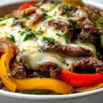 Philly cheesesteak bowls ready in 30 minutes with 1.5 pounds flank sirloin steak thinly sliced strips 2 chopped bell peppers half diced yellow onion 3 minced garlic cloves 1.5 tablespoons Worcestershire sauce seasoning salt pepper paprika chili powder onion powder garlic powder thyme marjoram basil skillet medium-high cooked steak veggies tender, 4-6 provolone slices topped lid covered off heat 2-3 minutes melted, served over white rice or cauliflower rice low-carb