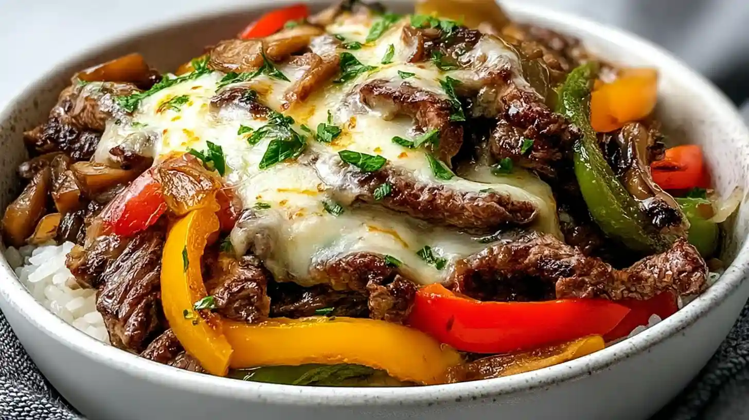 Philly cheesesteak bowls ready in 30 minutes with 1.5 pounds flank sirloin steak thinly sliced strips 2 chopped bell peppers half diced yellow onion 3 minced garlic cloves 1.5 tablespoons Worcestershire sauce seasoning salt pepper paprika chili powder onion powder garlic powder thyme marjoram basil skillet medium-high cooked steak veggies tender, 4-6 provolone slices topped lid covered off heat 2-3 minutes melted, served over white rice or cauliflower rice low-carb