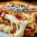 Pizza grilled cheese sandwich with thick-sliced white bread buttered and layered with mozzarella cheese, pepperoni slices, pizza sauce, Parmesan, fresh basil, oregano, and additional mozzarella - cooked golden brown both sides in skillet with garlic Parmesan butter spread made from softened butter, garlic powder, Italian seasoning, and grated Parmesan for crispy cheesy crust