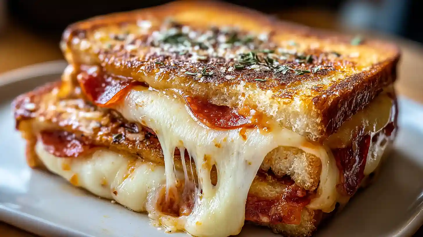 Pizza grilled cheese sandwich with thick-sliced white bread buttered and layered with mozzarella cheese, pepperoni slices, pizza sauce, Parmesan, fresh basil, oregano, and additional mozzarella - cooked golden brown both sides in skillet with garlic Parmesan butter spread made from softened butter, garlic powder, Italian seasoning, and grated Parmesan for crispy cheesy crust