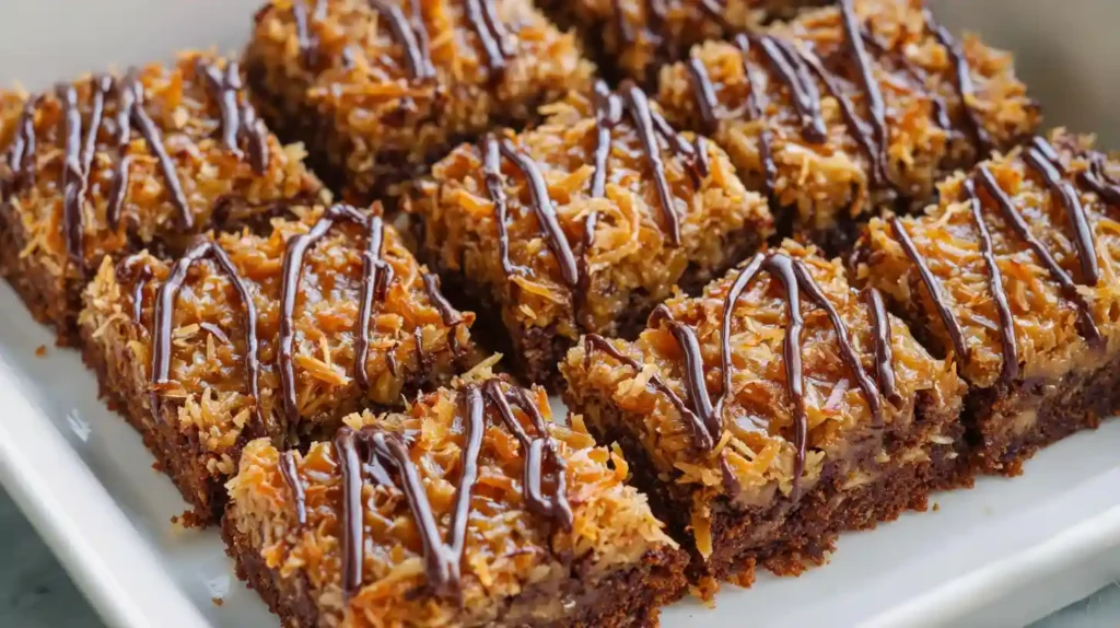 Samoa brownies inspired by Girl Scout cookies fudgy chocolate base toasted coconut caramel chocolate drizzle — brownie base 1 cup unsalted butter 4 ounces semisweet chocolate melted together, 3 large eggs 1 cup sugar 1 tablespoon vanilla extract stirred smooth, two-thirds cup all-purpose flour half tablespoon baking powder pinch salt folded in, 1.75 cups semisweet chocolate chips stirred in batter, baked 350°F 30-35 minutes toothpick mostly clean cooled, Samoa topping 2 cups shredded coconut toasted 325°F 13-15 minutes golden, caramels milk salt saucepan low heat melted smooth, toasted coconut stirred in, spread offset spatula over cooled brownies, chocolate chips melted drizzled top