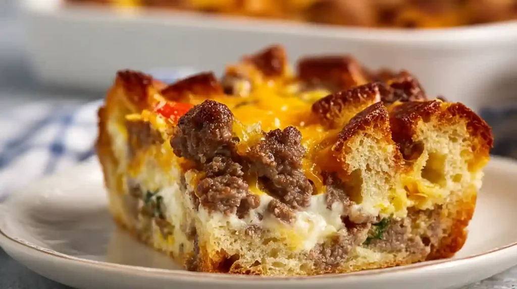 Sausage and egg casserole in a greased 9x13-inch baking dish with one pound breakfast sausage browned and drained, spread over six cubed slices of day-old bread, topped with two cups shredded sharp cheddar cheese, and covered with a custard of eight large eggs whisked with two cups whole milk, one teaspoon dry mustard, one teaspoon salt, and black pepper to taste - refrigerated overnight and baked at 350°F for 40-45 minutes until the center is perfectly set and the top is golden