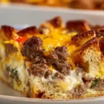 Sausage and egg casserole in a greased 9x13-inch baking dish with one pound breakfast sausage browned and drained, spread over six cubed slices of day-old bread, topped with two cups shredded sharp cheddar cheese, and covered with a custard of eight large eggs whisked with two cups whole milk, one teaspoon dry mustard, one teaspoon salt, and black pepper to taste - refrigerated overnight and baked at 350°F for 40-45 minutes until the center is perfectly set and the top is golden