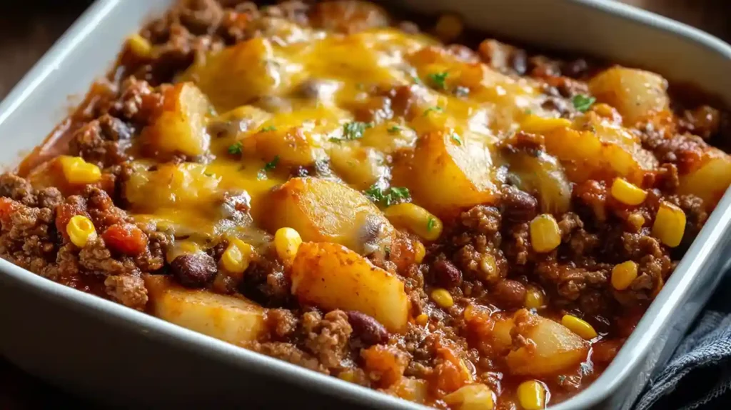 Slow cooker cowboy casserole layered in 6-quart crockpot with 1.5 pounds thinly sliced red potatoes bottom layer seasoned salt pepper, 1 pound browned drained ground beef mixed onion powder garlic powder chili powder, topped kidney beans corn diced tomatoes cream mushroom soup milk mixture, covered 2 cups shredded cheddar melted final 10 minutes high heat fork-tender potatoes