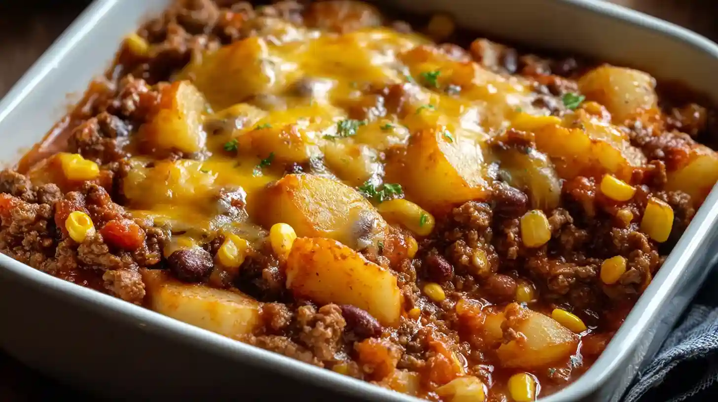 Slow cooker cowboy casserole layered in 6-quart crockpot with 1.5 pounds thinly sliced red potatoes bottom layer seasoned salt pepper, 1 pound browned drained ground beef mixed onion powder garlic powder chili powder, topped kidney beans corn diced tomatoes cream mushroom soup milk mixture, covered 2 cups shredded cheddar melted final 10 minutes high heat fork-tender potatoes