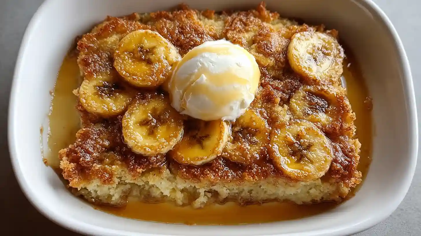 Southern banana cobbler old-fashioned easy dessert ready 1 hour with 4 ripe bananas sliced rounds tossed half cup brown sugar 1 teaspoon cinnamon 1 teaspoon vanilla pinch salt, batter 1 cup self-rising flour three-fourth cup granulated sugar 1 cup milk whisked smooth, half cup butter melted 9x13 baking dish oven, batter poured over butter no stir, banana mixture spooned evenly on top, baked 350°F 35-40 minutes golden brown bubbling edges, rested 10 minutes set served warm vanilla ice cream