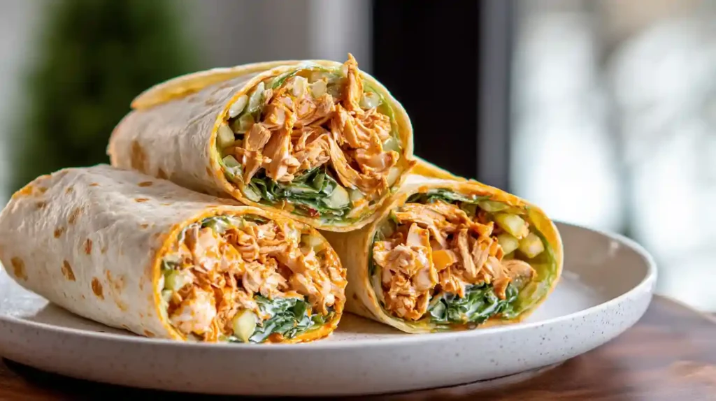Easy spicy buffalo chicken wraps rotisserie chicken cheddar pickles ranch romaine 10 minutes total — shred 2 cups rotisserie chicken bowl, small bowl stir 1 tablespoon melted butter quarter cup buffalo sauce quarter teaspoon garlic powder pinch cracked pepper smooth, drizzle over chicken toss coated, stir half cup cheddar quarter cup red onion quarter cup green onion quarter cup chopped dill pickles 2 tablespoons ranch creamy, 2 large flour tortillas romaine down center, 1 cup mixture spooned over lettuce rolled tight cut in half served immediately