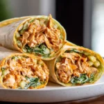 Easy spicy buffalo chicken wraps rotisserie chicken cheddar pickles ranch romaine 10 minutes total — shred 2 cups rotisserie chicken bowl, small bowl stir 1 tablespoon melted butter quarter cup buffalo sauce quarter teaspoon garlic powder pinch cracked pepper smooth, drizzle over chicken toss coated, stir half cup cheddar quarter cup red onion quarter cup green onion quarter cup chopped dill pickles 2 tablespoons ranch creamy, 2 large flour tortillas romaine down center, 1 cup mixture spooned over lettuce rolled tight cut in half served immediately