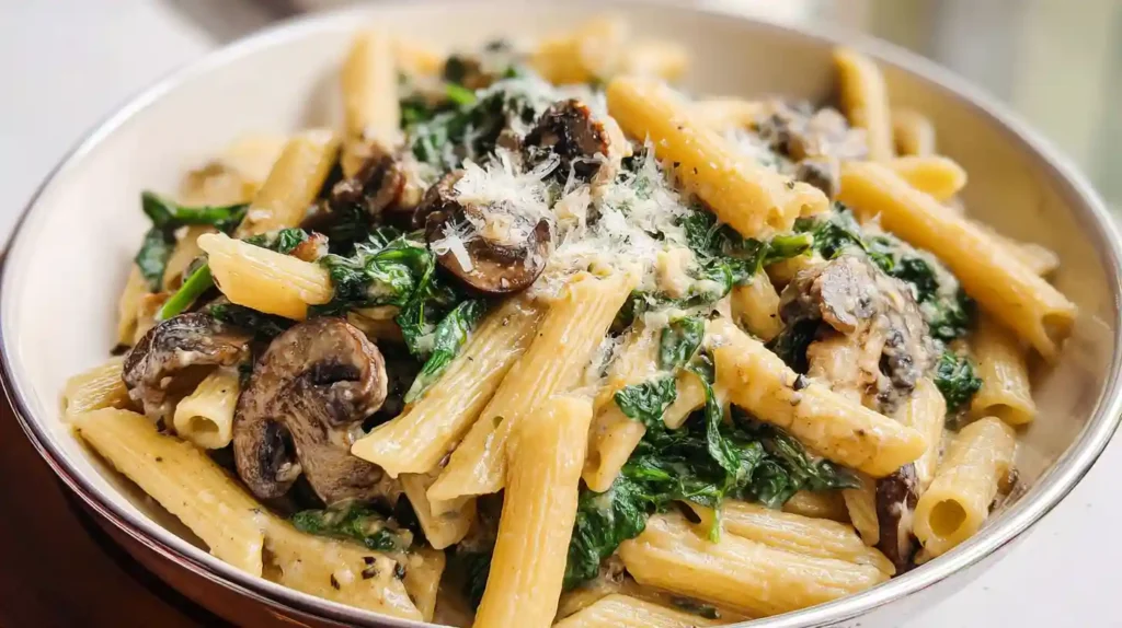 Creamy spinach mushroom pasta skillet with 14 ounces farfalle pasta cooked al dente, 14 ounces sliced mushrooms sautéed golden in 3 tablespoons olive oil with 3 minced garlic cloves, 10 ounces baby spinach wilted through, finished with ½ cup low-sodium vegetable broth, ½ cup grated Parmesan, and Italian seasoning stirred until glossy and creamy